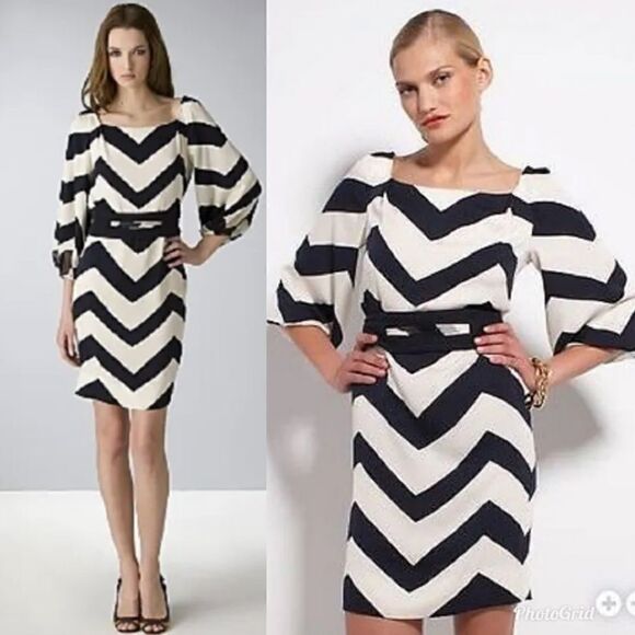 DVF Brygid Silk Navy and Crème Belted Chevron Dress - Picture 3 of 12